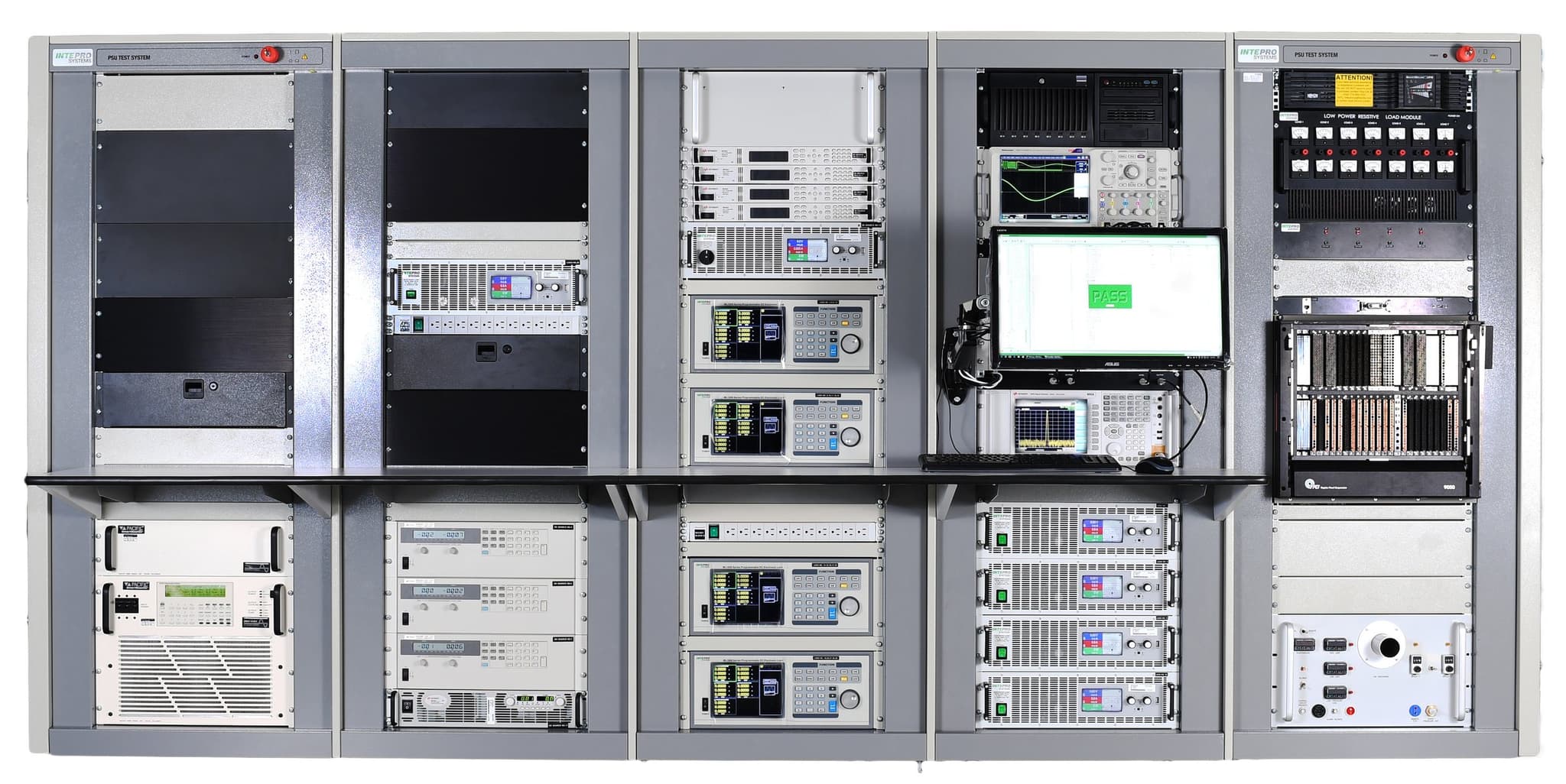 An Intepro five-bay power supply test system: instrument racks with programmable sources, electronic loads, oscilloscope and a test-executive screen reading PASS